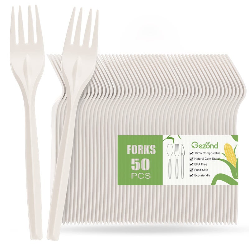 Gezond Compostable Forks 50 Count 7 Inch No Plastic Disposable Forks Heavy-duty Cutlery Set Eco-Friendly Utensils for Party Wedding Camping Office Picnic - Image 1